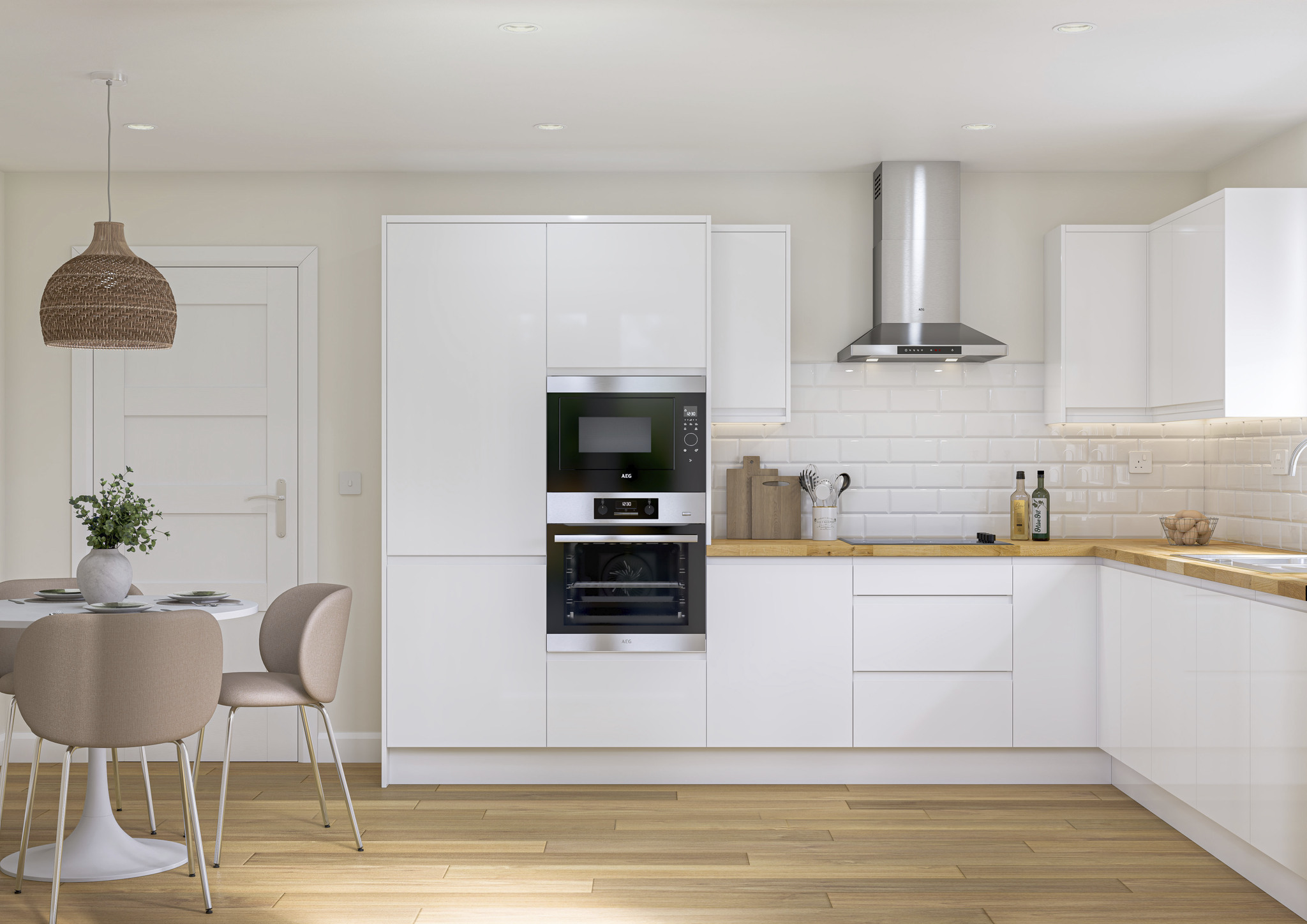 white modern kitchen with wooden accents