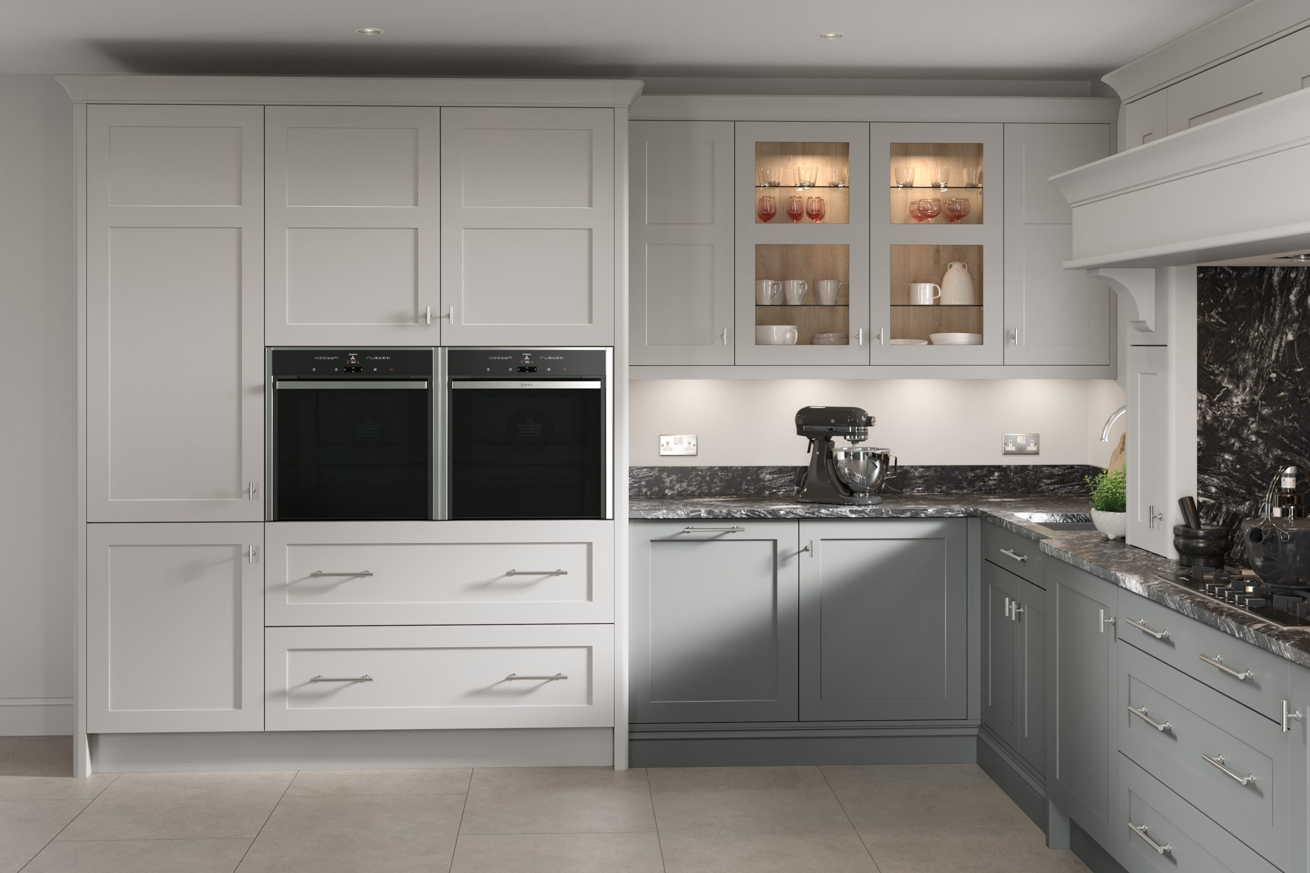 white kitchen with grey accents