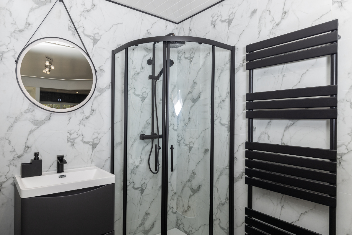 white bathroom with custom led lighting